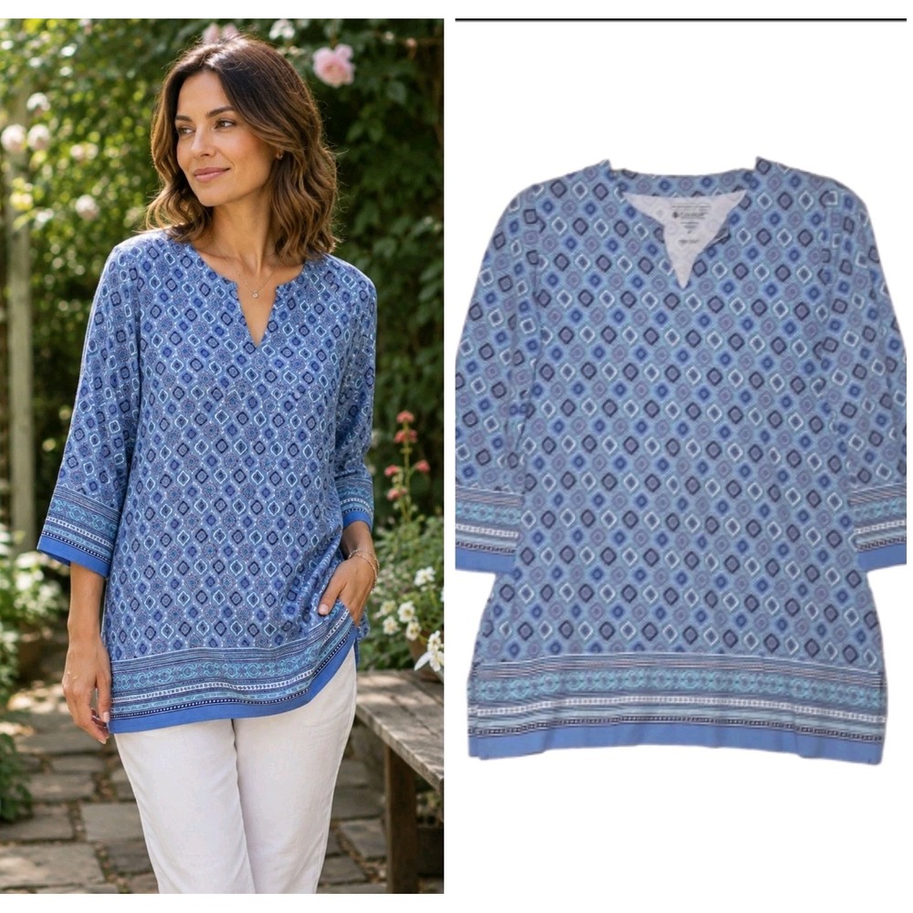 Coolibar Sta Lucia Tunic Top Womens Medium Blue UPF 50 Sun Protection Geometric
